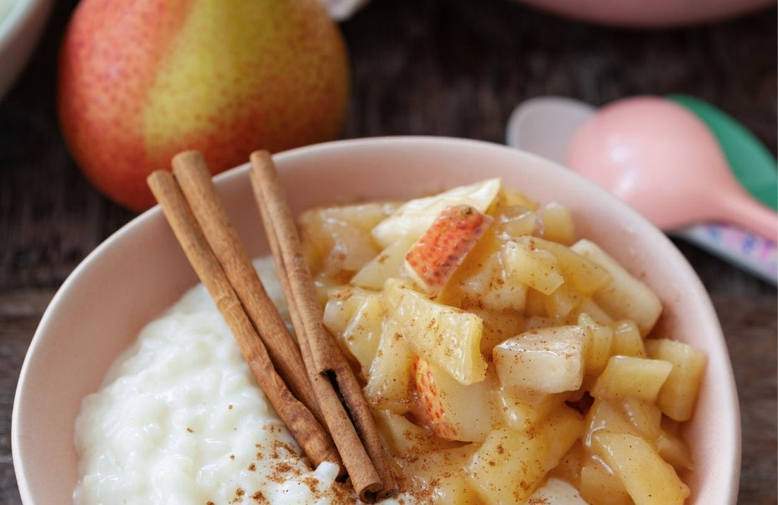 Warm rice pudding with cinnamon pear chutney