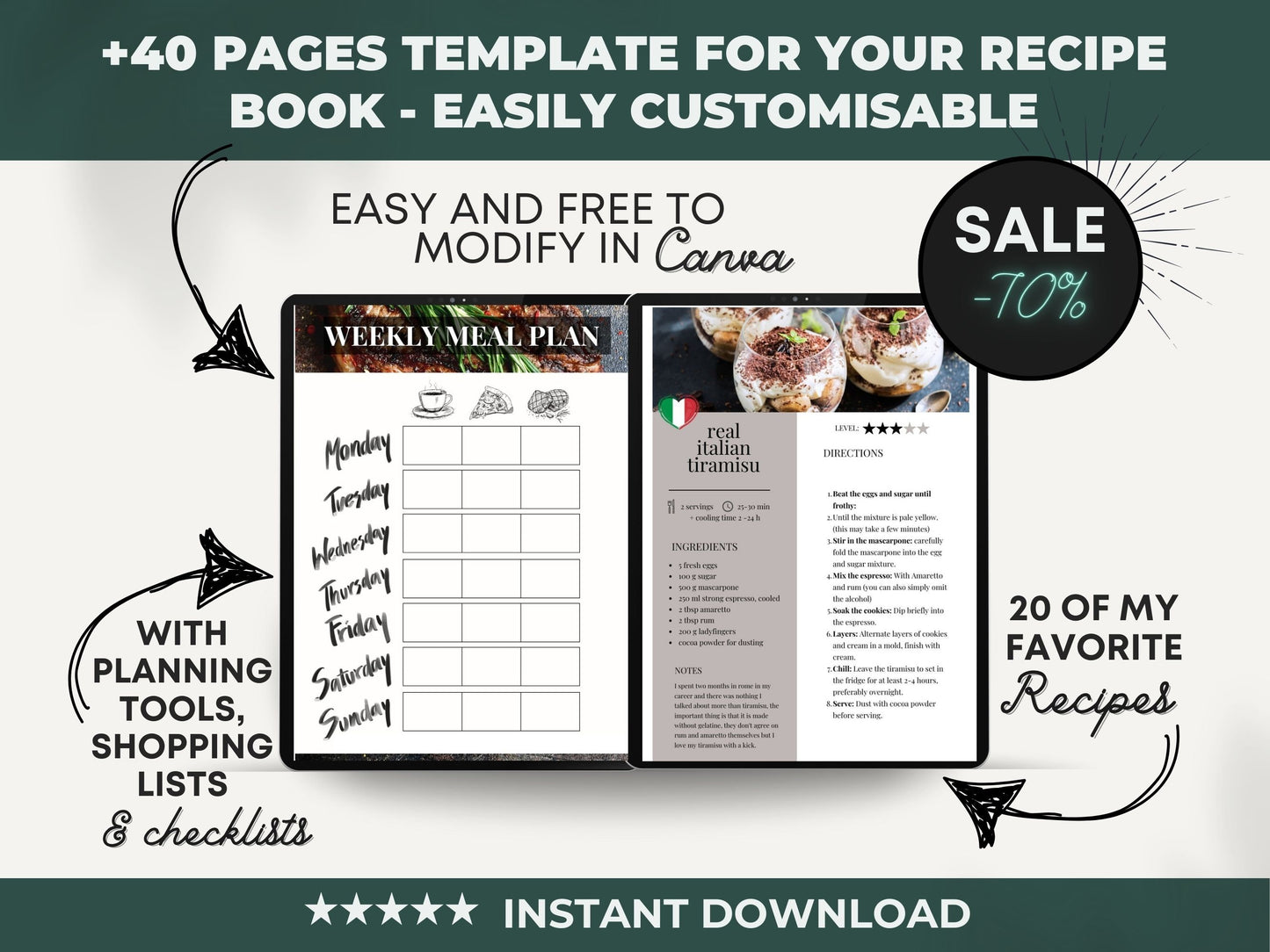 Customisable recipe book, easily sort and fill in recipes and recipe cards