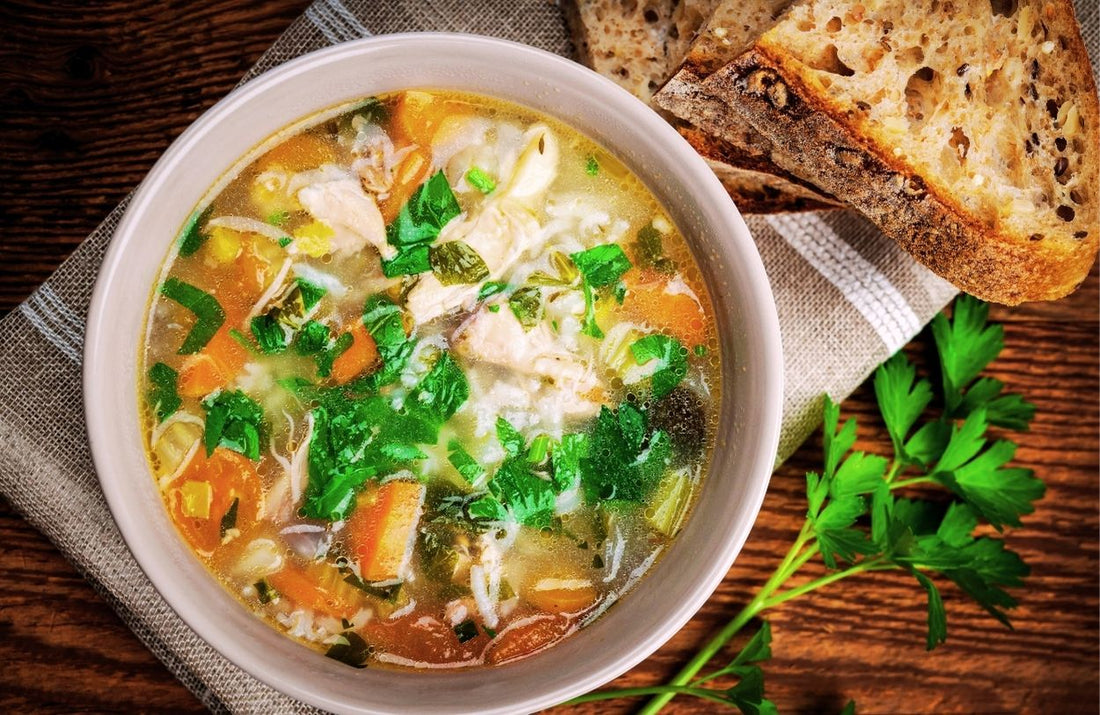 Savoury chicken soup made with fresh chicken, carrots, celery and herbs. This traditional soup is warming, nourishing and comforting on cold days. Perfect for the whole family and easy to prepare.