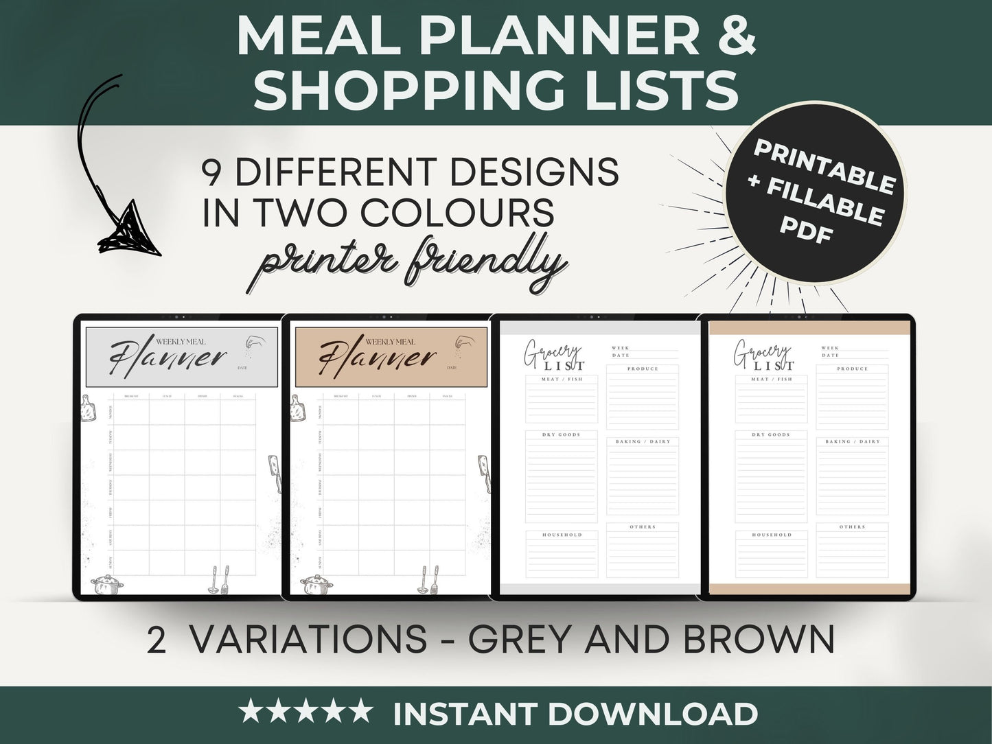 Meal Planner PDF, Grocery List Editable, meal planner template, grocery list printable, meal planner editable, Meal planner Week, Mealplan,